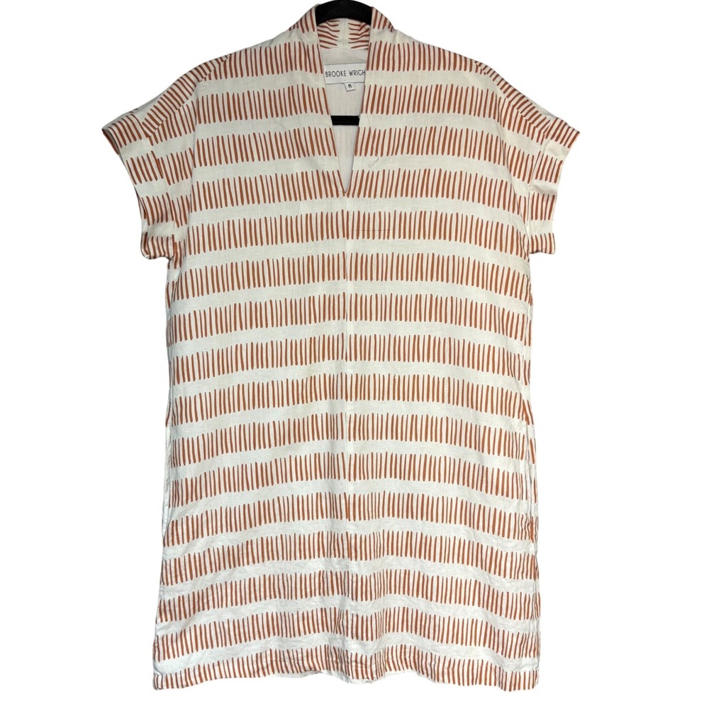 Brooke Wright Designs Women White Rust Orange Striped Cotton Linen Shift Dress M
